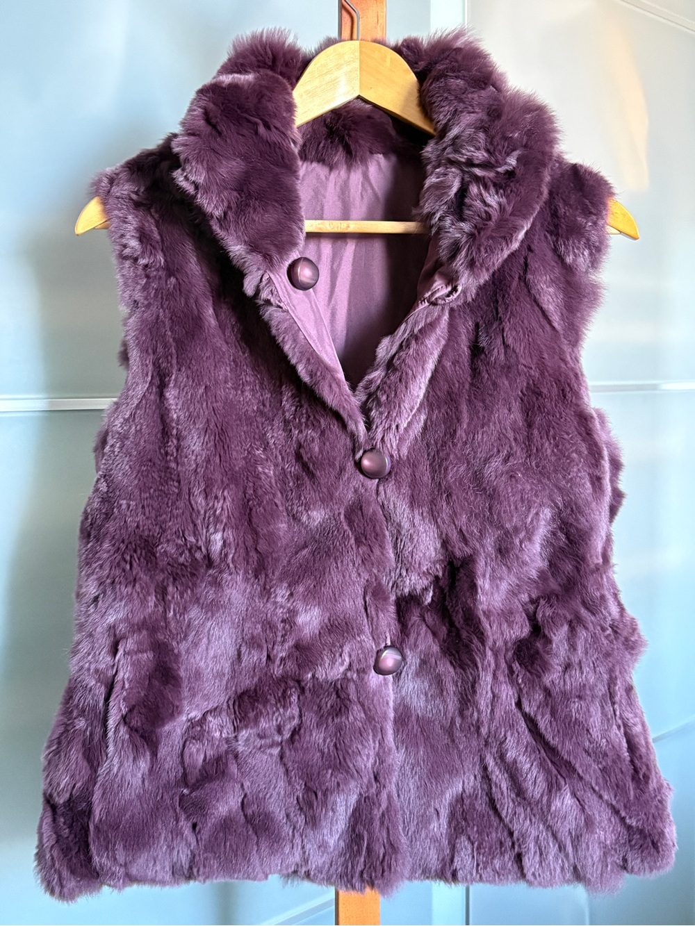 Plush Genuine Rabbit Fur Vest Portrait Collar Plum Purple Magenta